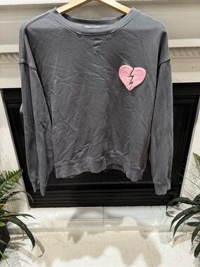 Wildfox Charcoal Grey Pullover Sweatshirt with Pink Broken Heart Patch